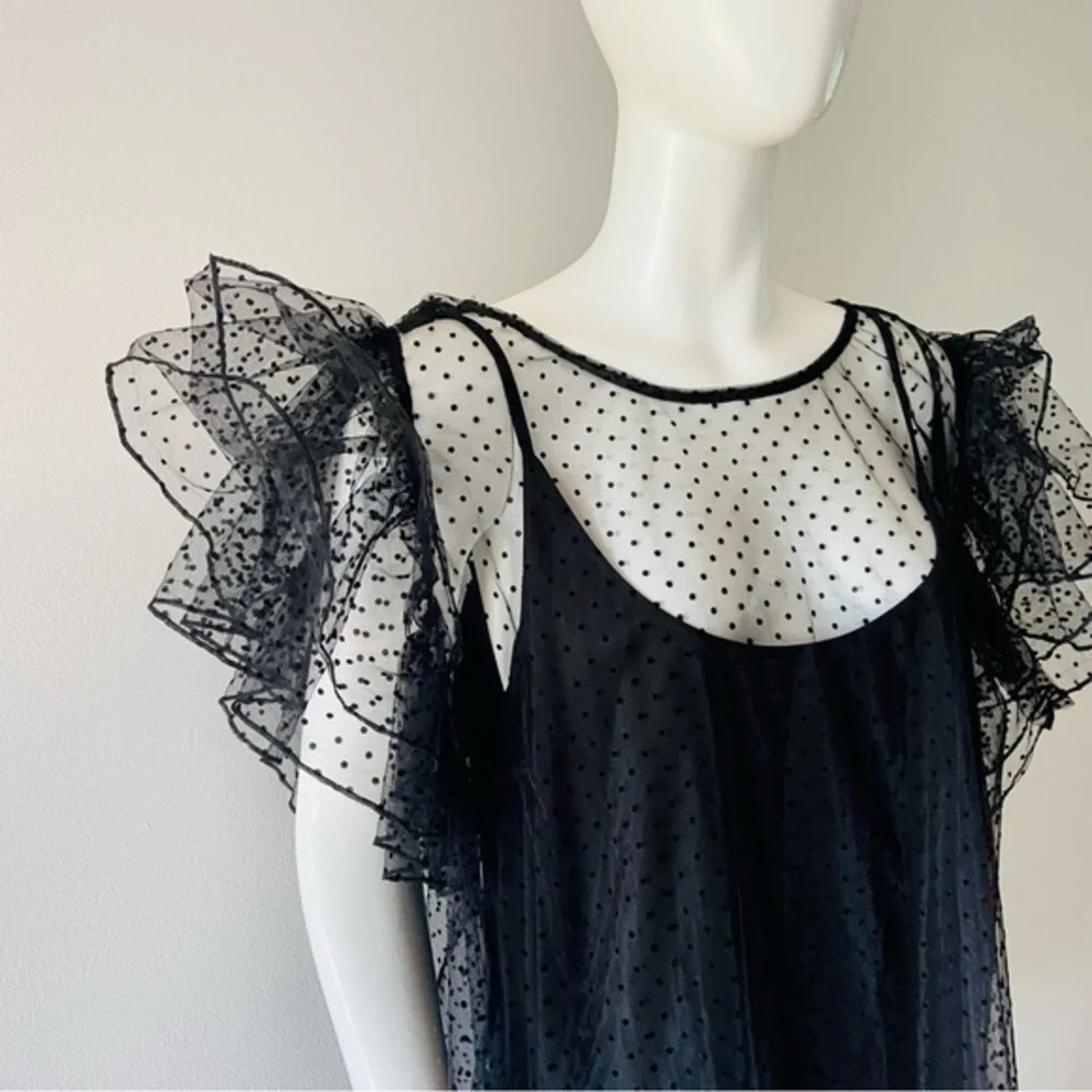 City Chic Spotty Time top in black, short frilled sleeves, dobby spot top Size22 - Picture 11 of 14